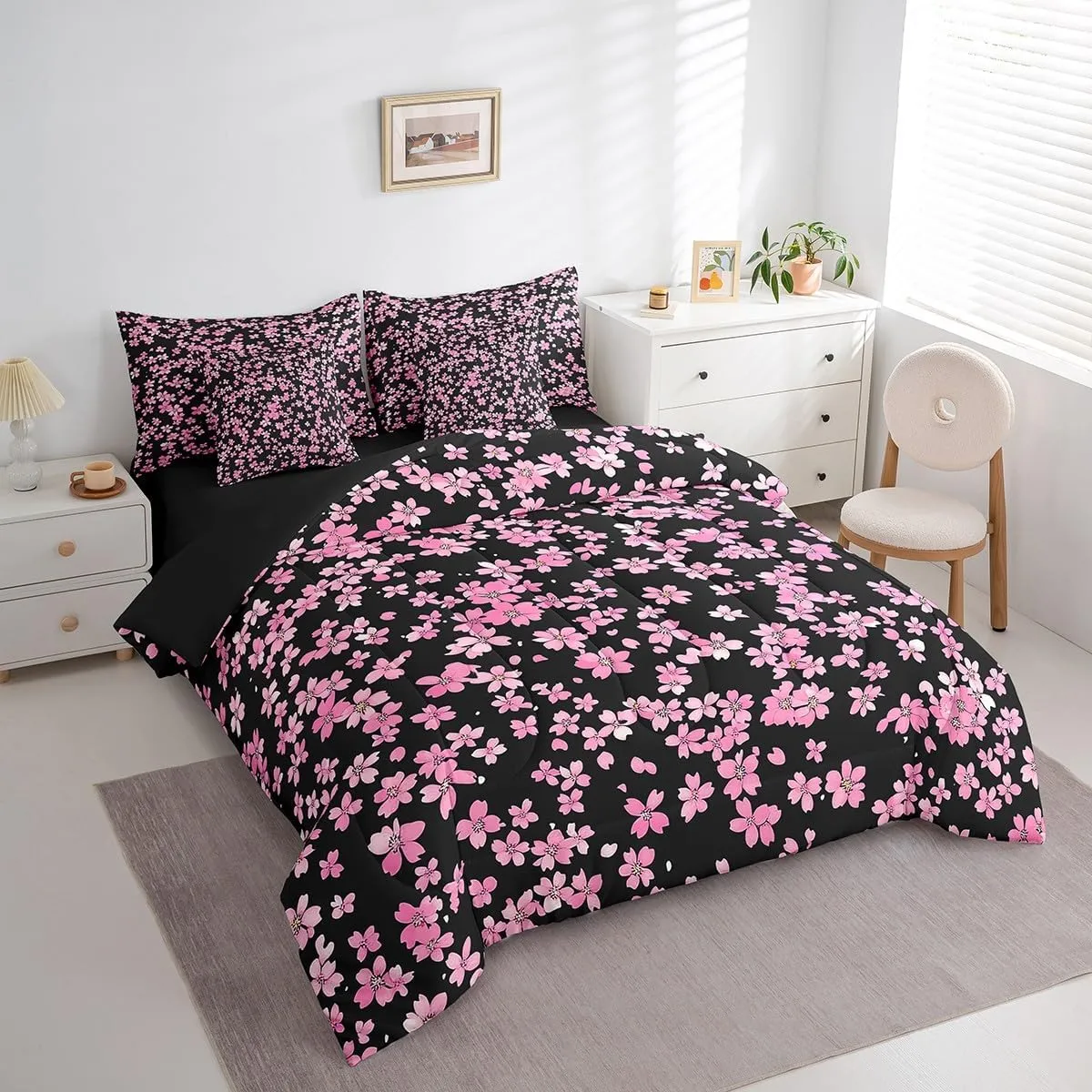Feelyou Cherry Blossoms 7 Pieces Bedding Set Queen Size Kids Japanese Style Bed in a Bag, Flower Bed Set Includes Comforter, Sheet Set, Pillowcases Breathable Floral Botanical Room Decor Branches