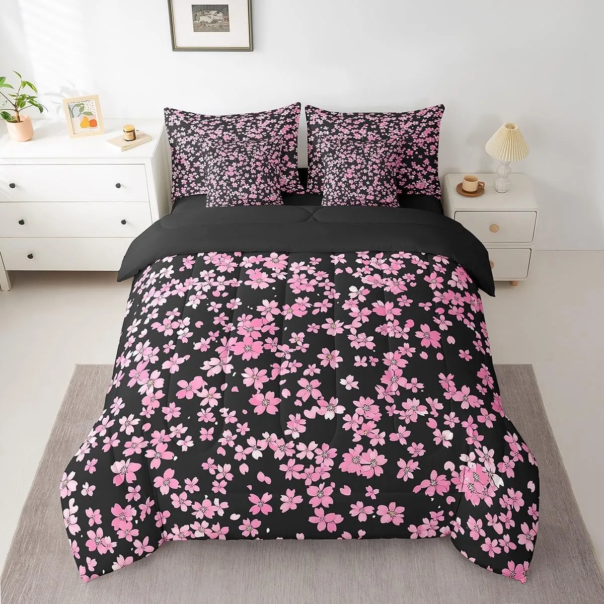Feelyou Cherry Blossoms 7 Pieces Bedding Set Queen Size Kids Japanese Style Bed in a Bag, Flower Bed Set Includes Comforter, Sheet Set, Pillowcases Breathable Floral Botanical Room Decor Branches