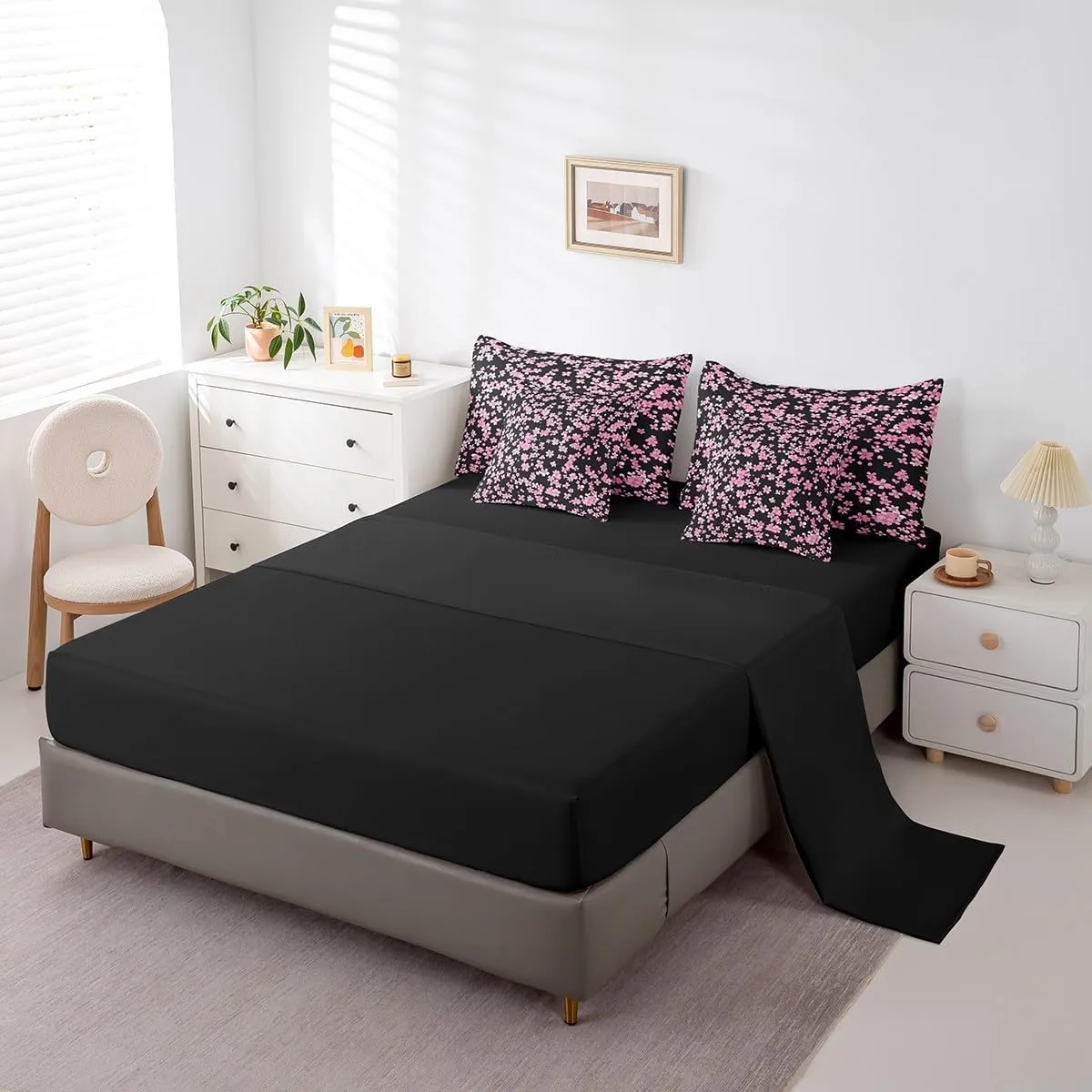 Feelyou Cherry Blossoms 7 Pieces Bedding Set Queen Size Kids Japanese Style Bed in a Bag, Flower Bed Set Includes Comforter, Sheet Set, Pillowcases Breathable Floral Botanical Room Decor Branches