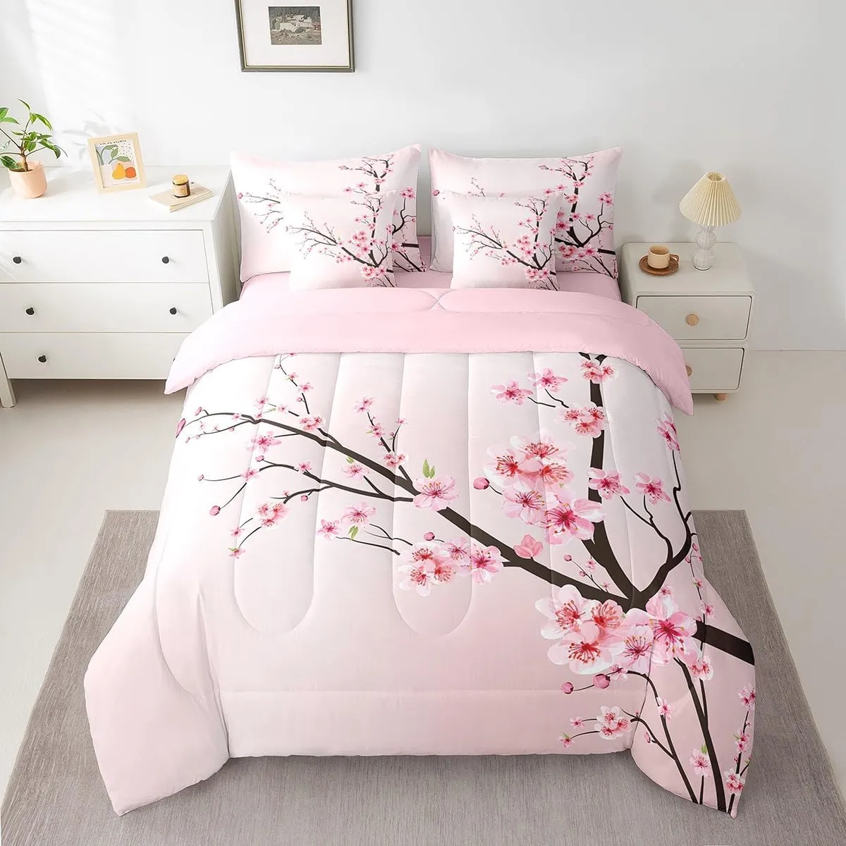 Feelyou Cherry Blossoms Bedding Set Sakura Branch Comforter Set Full Size 7 Pieces Pale Pink Bed in a Bag Girls Japanese Spring Bed Set with Comforter, Sheet Set, Pillowcases, Pillow Covers