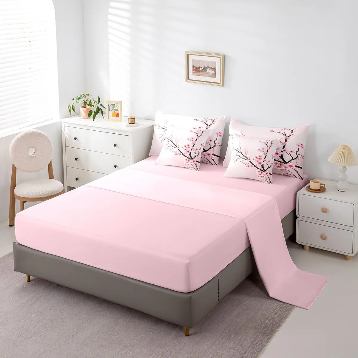 Feelyou Cherry Blossoms Bedding Set Sakura Branch Comforter Set Full Size 7 Pieces Pale Pink Bed in a Bag Girls Japanese Spring Bed Set with Comforter, Sheet Set, Pillowcases, Pillow Covers