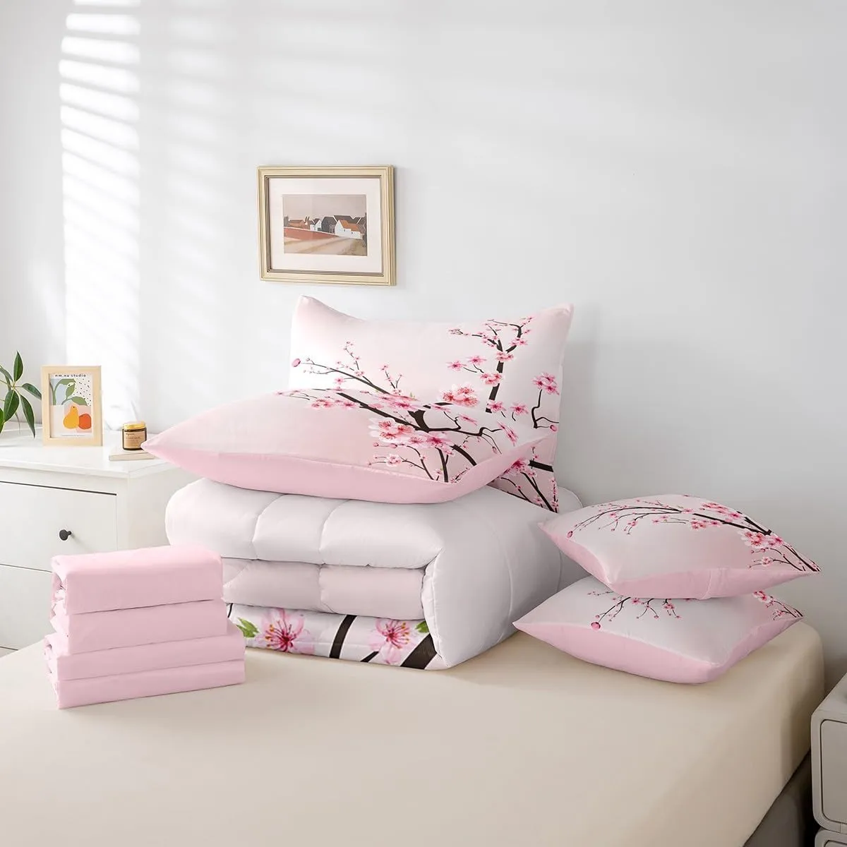 Feelyou Cherry Blossoms Bedding Set Sakura Branch Comforter Set Full Size 7 Pieces Pale Pink Bed in a Bag Girls Japanese Spring Bed Set with Comforter, Sheet Set, Pillowcases, Pillow Covers