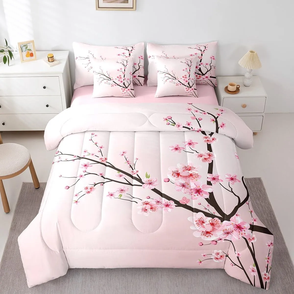 Feelyou Cherry Blossoms Bedding Set Sakura Branch Comforter Set Full Size 7 Pieces Pale Pink Bed in a Bag Girls Japanese Spring Bed Set with Comforter, Sheet Set, Pillowcases, Pillow Covers