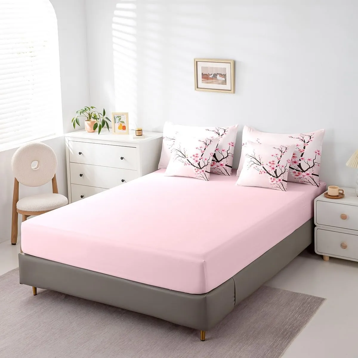 Feelyou Cherry Blossoms Bedding Set Sakura Branch Comforter Set Full Size 7 Pieces Pale Pink Bed in a Bag Girls Japanese Spring Bed Set with Comforter, Sheet Set, Pillowcases, Pillow Covers
