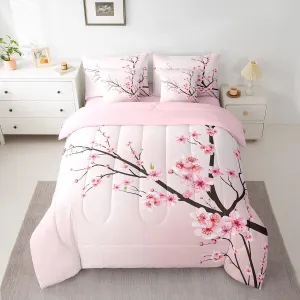 Feelyou Cherry Blossoms Bedding Set Sakura Branch Comforter Set Full Size 7 Pieces Pale Pink Bed in a Bag Girls Japanese Spring Bed Set with Comforter, Sheet Set, Pillowcases, Pillow Covers