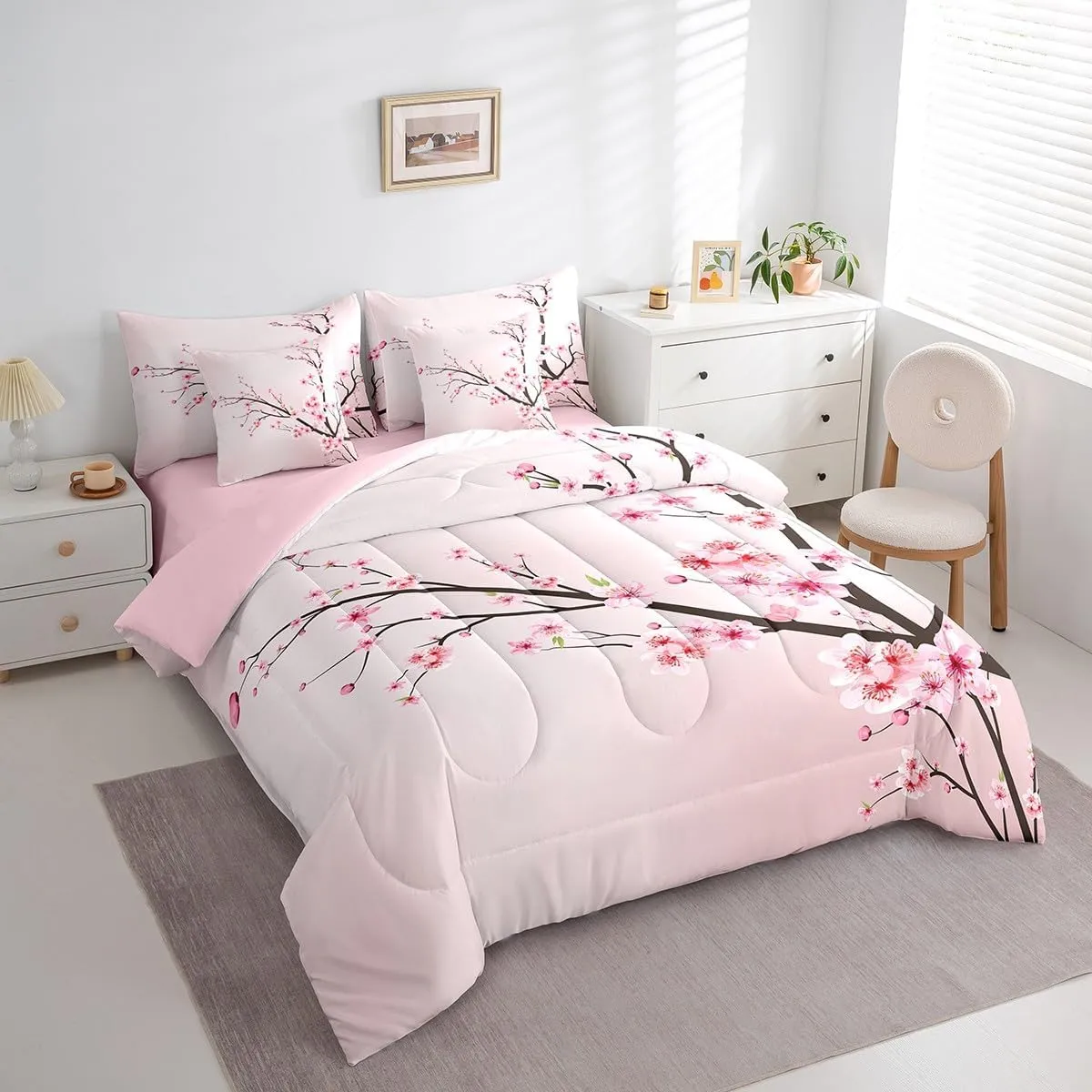 Feelyou Cherry Blossoms Bedding Set Sakura Branch Comforter Set Full Size 7 Pieces Pale Pink Bed in a Bag Girls Japanese Spring Bed Set with Comforter, Sheet Set, Pillowcases, Pillow Covers