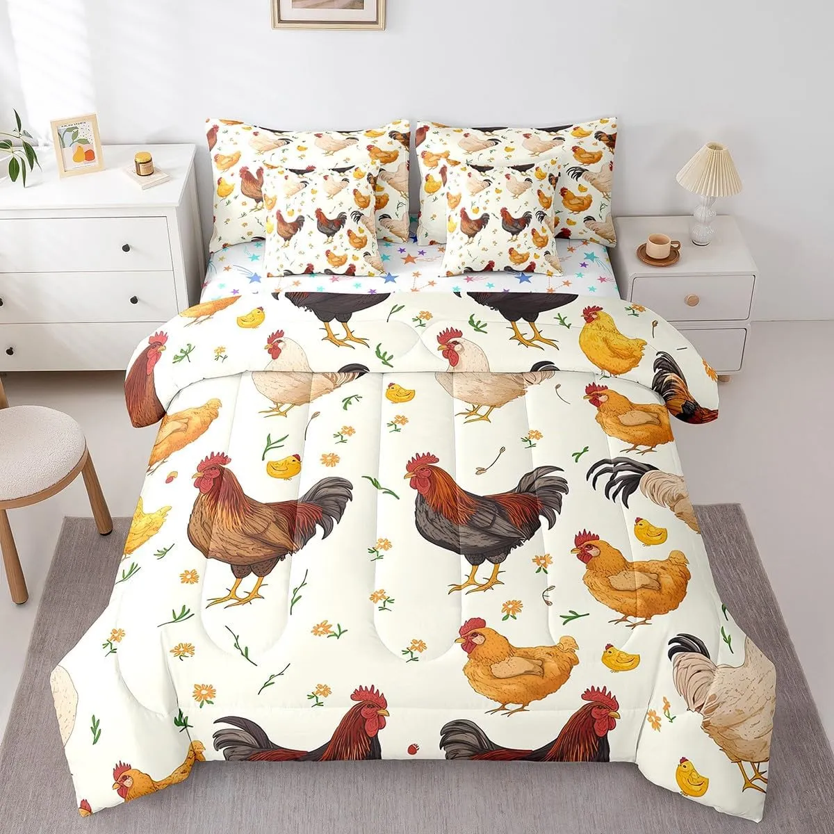Feelyou Chicken Bedding Set Queen Size Cute Farm Animal Comforter Set 7 Pieces Decor Rustic Farm Chicken Farmhouse Rooster 3D Animals Bed in a Bag Flower Bed Set with Comforter, Sheet Set, Pillowcases