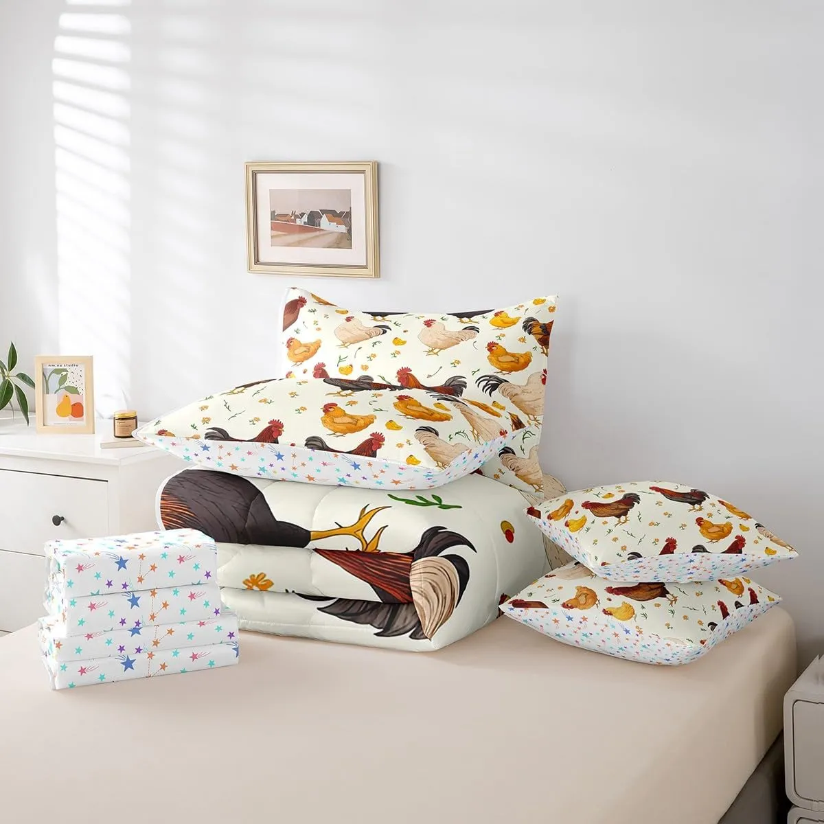 Feelyou Chicken Bedding Set Queen Size Cute Farm Animal Comforter Set 7 Pieces Decor Rustic Farm Chicken Farmhouse Rooster 3D Animals Bed in a Bag Flower Bed Set with Comforter, Sheet Set, Pillowcases