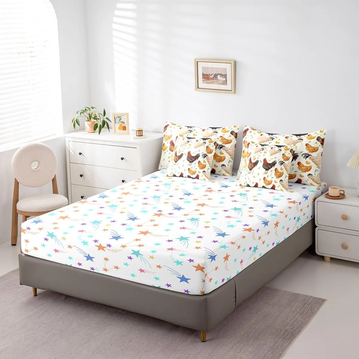 Feelyou Chicken Bedding Set Queen Size Cute Farm Animal Comforter Set 7 Pieces Decor Rustic Farm Chicken Farmhouse Rooster 3D Animals Bed in a Bag Flower Bed Set with Comforter, Sheet Set, Pillowcases