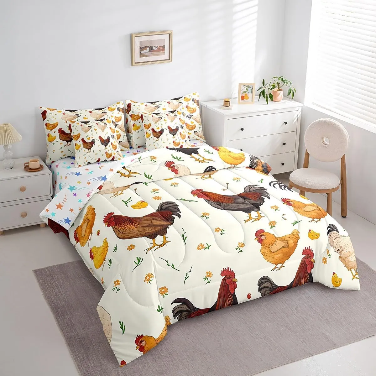Feelyou Chicken Bedding Set Queen Size Cute Farm Animal Comforter Set 7 Pieces Decor Rustic Farm Chicken Farmhouse Rooster 3D Animals Bed in a Bag Flower Bed Set with Comforter, Sheet Set, Pillowcases