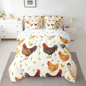 Feelyou Chicken Bedding Set Queen Size Cute Farm Animal Comforter Set 7 Pieces Decor Rustic Farm Chicken Farmhouse Rooster 3D Animals Bed in a Bag Flower Bed Set with Comforter, Sheet Set, Pillowcases