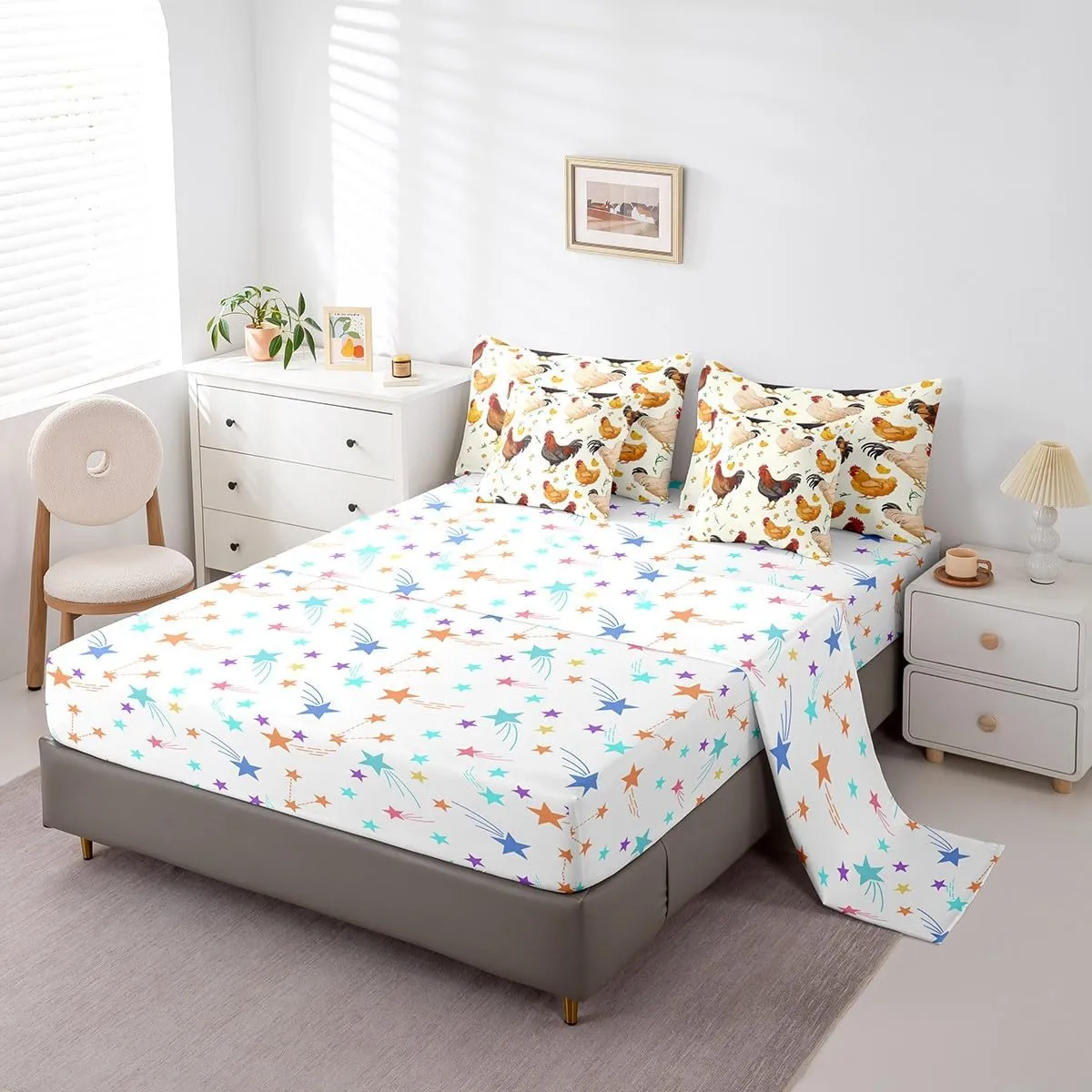 Feelyou Chicken Bedding Set Queen Size Cute Farm Animal Comforter Set 7 Pieces Decor Rustic Farm Chicken Farmhouse Rooster 3D Animals Bed in a Bag Flower Bed Set with Comforter, Sheet Set, Pillowcases