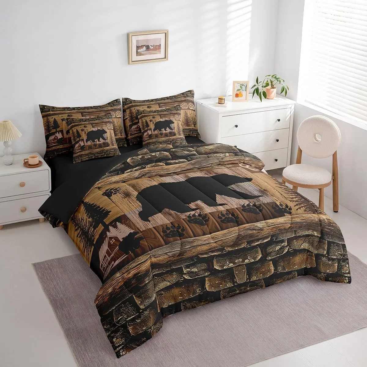 Feelyou Cute Bear Bed in a Bag Boys King Size, Rustic 7 Pieces Bedding Set for Kids Ultra Soft Rustic Cabin Country Bed Set Includes Comforter, Sheet Set, Pillowcases, Paw Wildlife