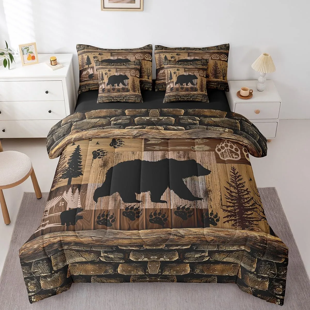 Feelyou Cute Bear Bed in a Bag Boys King Size, Rustic 7 Pieces Bedding Set for Kids Ultra Soft Rustic Cabin Country Bed Set Includes Comforter, Sheet Set, Pillowcases, Paw Wildlife