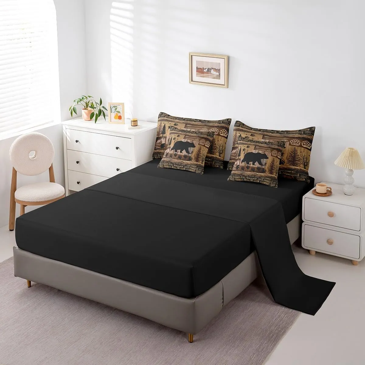 Feelyou Cute Bear Bed in a Bag Boys King Size, Rustic 7 Pieces Bedding Set for Kids Ultra Soft Rustic Cabin Country Bed Set Includes Comforter, Sheet Set, Pillowcases, Paw Wildlife