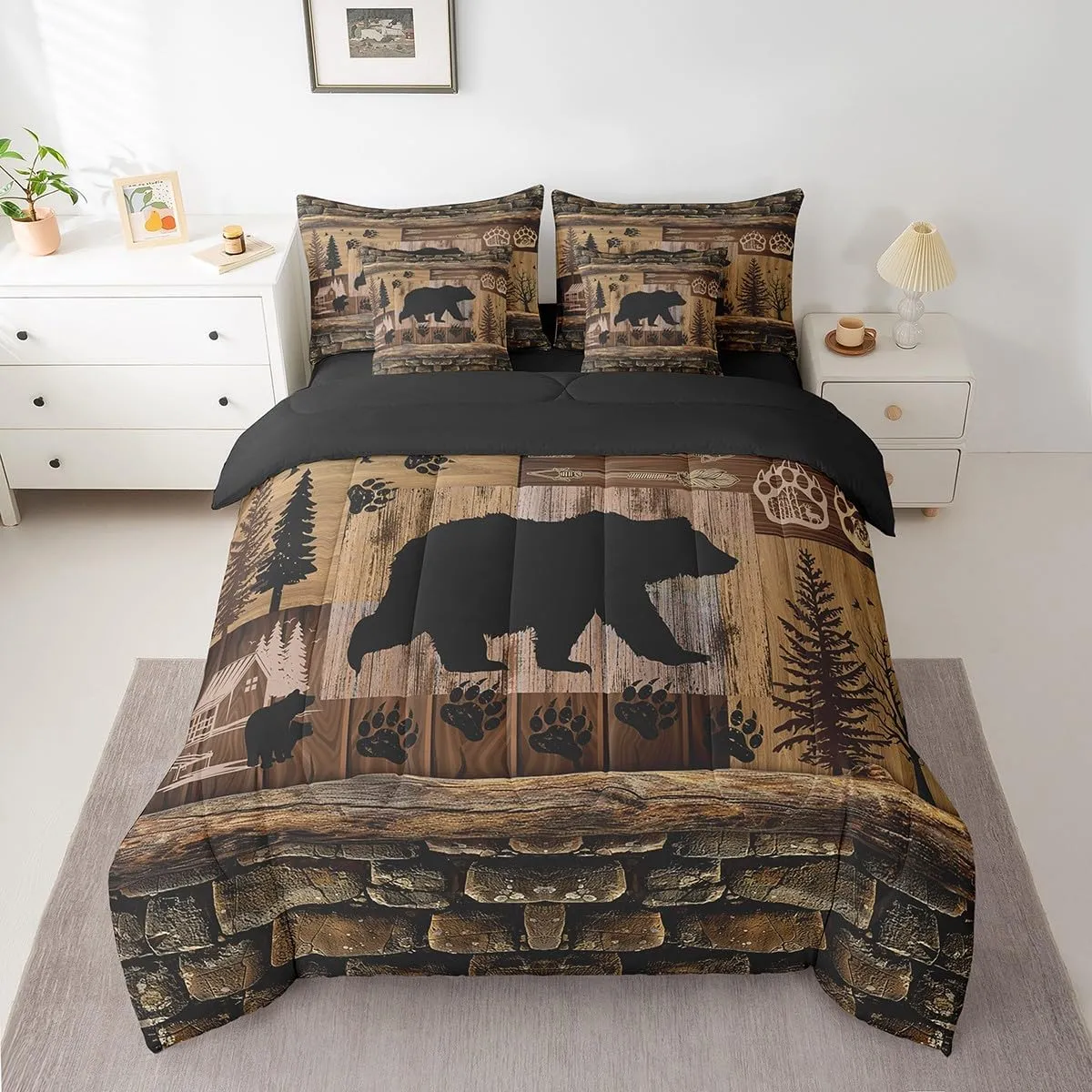 Feelyou Cute Bear Bed in a Bag Boys King Size, Rustic 7 Pieces Bedding Set for Kids Ultra Soft Rustic Cabin Country Bed Set Includes Comforter, Sheet Set, Pillowcases, Paw Wildlife