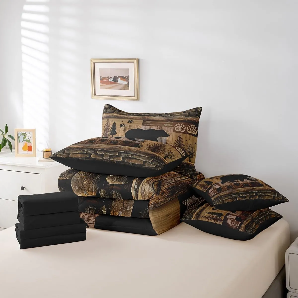 Feelyou Cute Bear Bed in a Bag Boys King Size, Rustic 7 Pieces Bedding Set for Kids Ultra Soft Rustic Cabin Country Bed Set Includes Comforter, Sheet Set, Pillowcases, Paw Wildlife