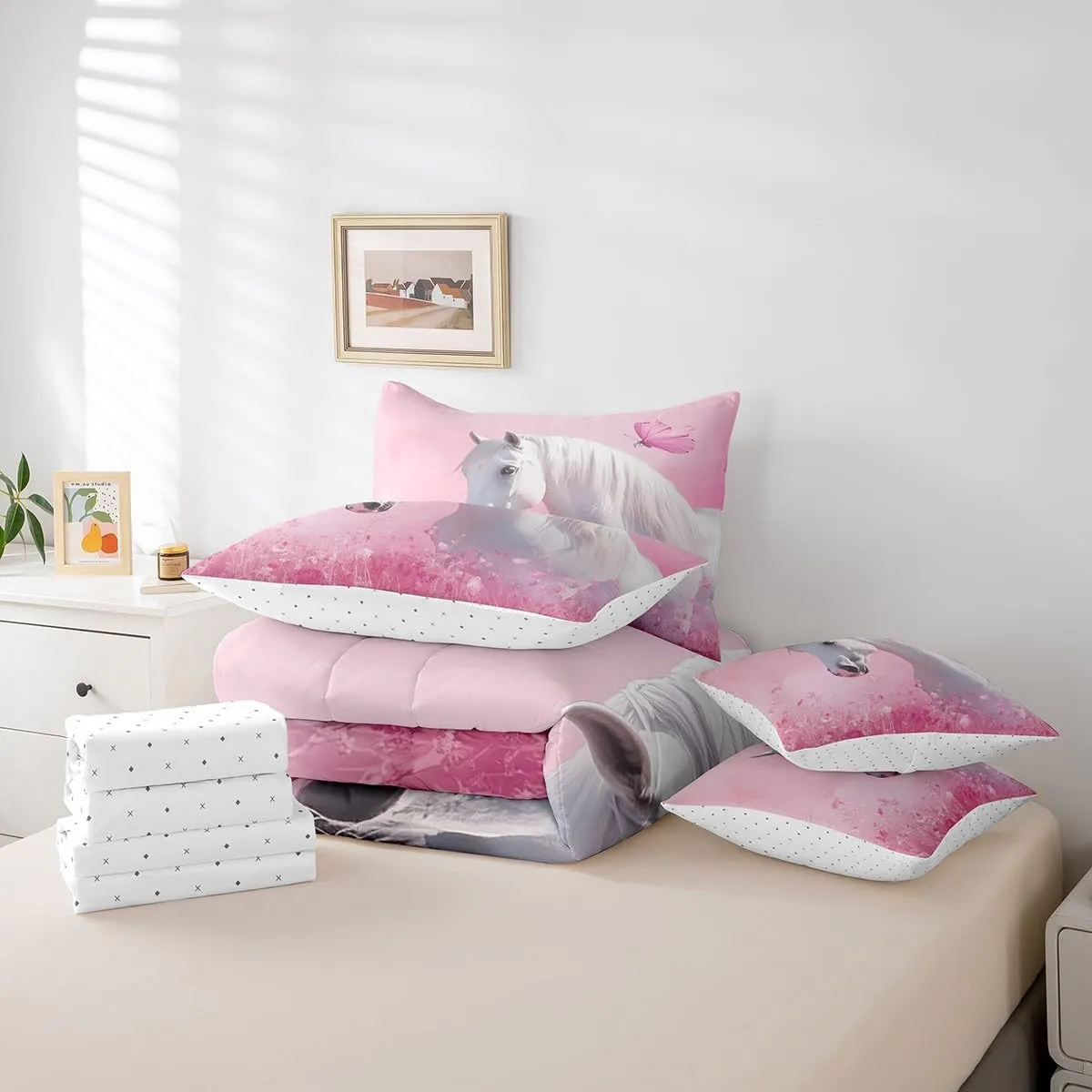 Feelyou Cute Horse Bedding Set Wild Western Cowboy Comforter Set 7 Pieces Kawaii Animal Decor Farmhouse Flower Bed in a Bag Full Size Butterfly Bed Set with Comforter, Sheet Set, Pillowcases