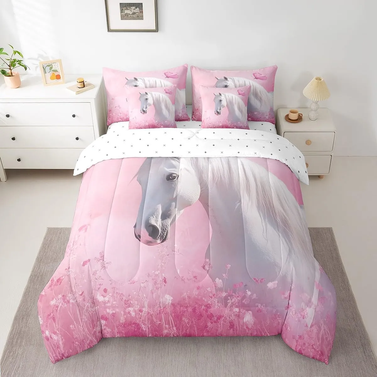 Feelyou Cute Horse Bedding Set Wild Western Cowboy Comforter Set 7 Pieces Kawaii Animal Decor Farmhouse Flower Bed in a Bag Full Size Butterfly Bed Set with Comforter, Sheet Set, Pillowcases