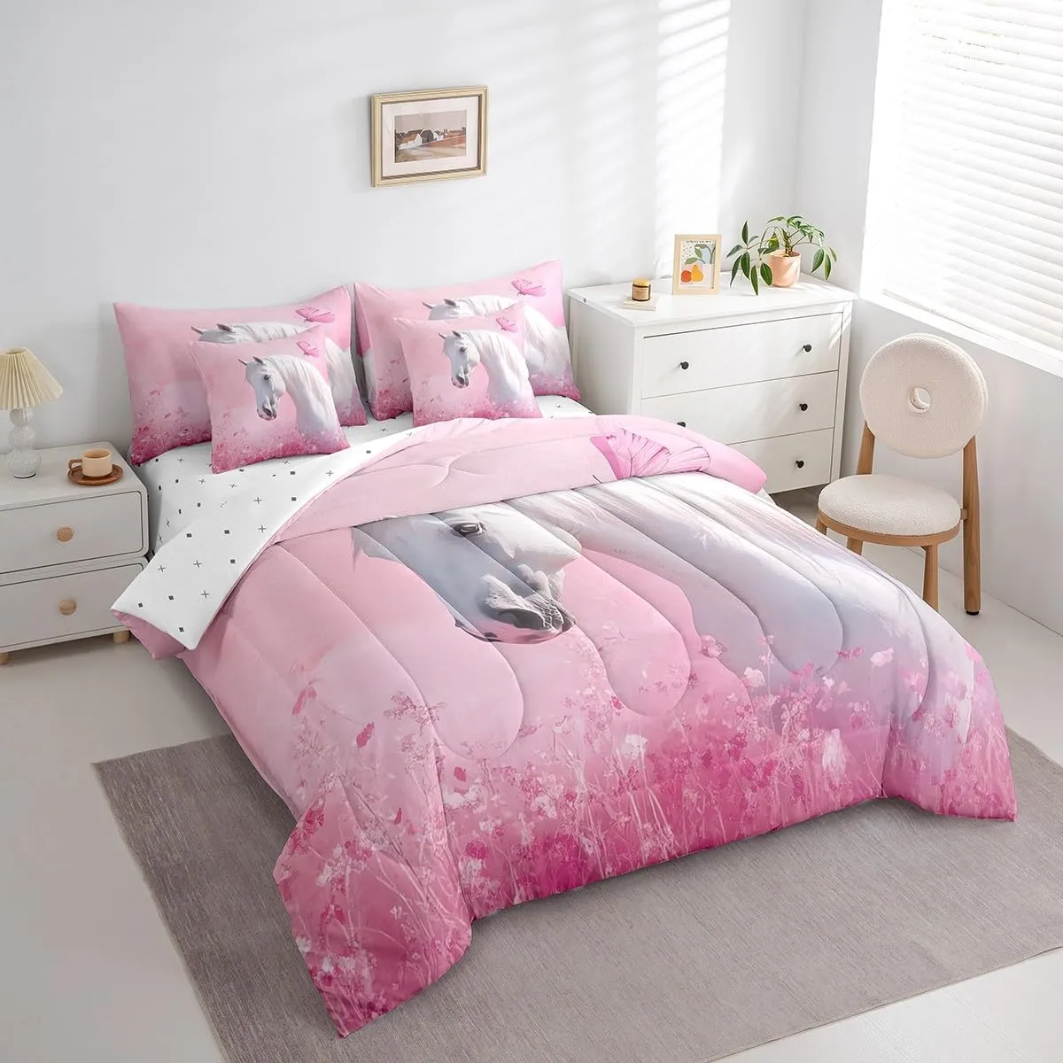 Feelyou Cute Horse Bedding Set Wild Western Cowboy Comforter Set 7 Pieces Kawaii Animal Decor Farmhouse Flower Bed in a Bag Full Size Butterfly Bed Set with Comforter, Sheet Set, Pillowcases