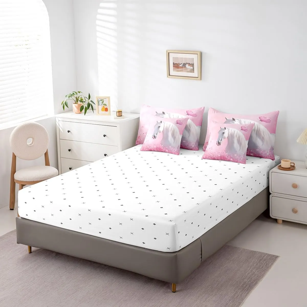 Feelyou Cute Horse Bedding Set Wild Western Cowboy Comforter Set 7 Pieces Kawaii Animal Decor Farmhouse Flower Bed in a Bag Full Size Butterfly Bed Set with Comforter, Sheet Set, Pillowcases