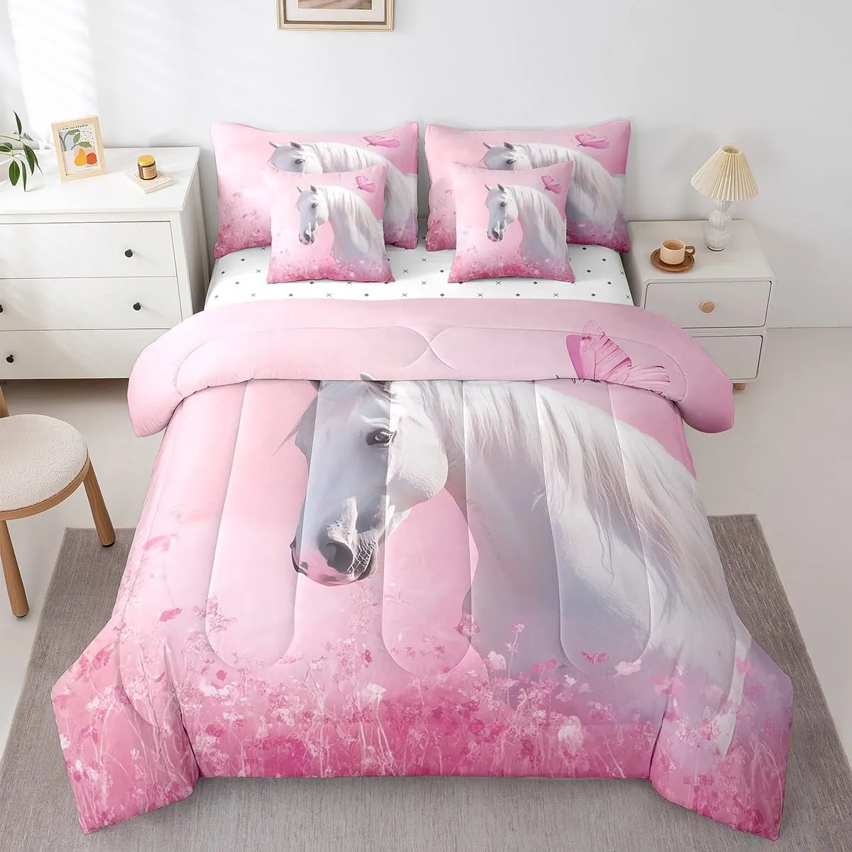 Feelyou Cute Horse Bedding Set Wild Western Cowboy Comforter Set 7 Pieces Kawaii Animal Decor Farmhouse Flower Bed in a Bag Full Size Butterfly Bed Set with Comforter, Sheet Set, Pillowcases