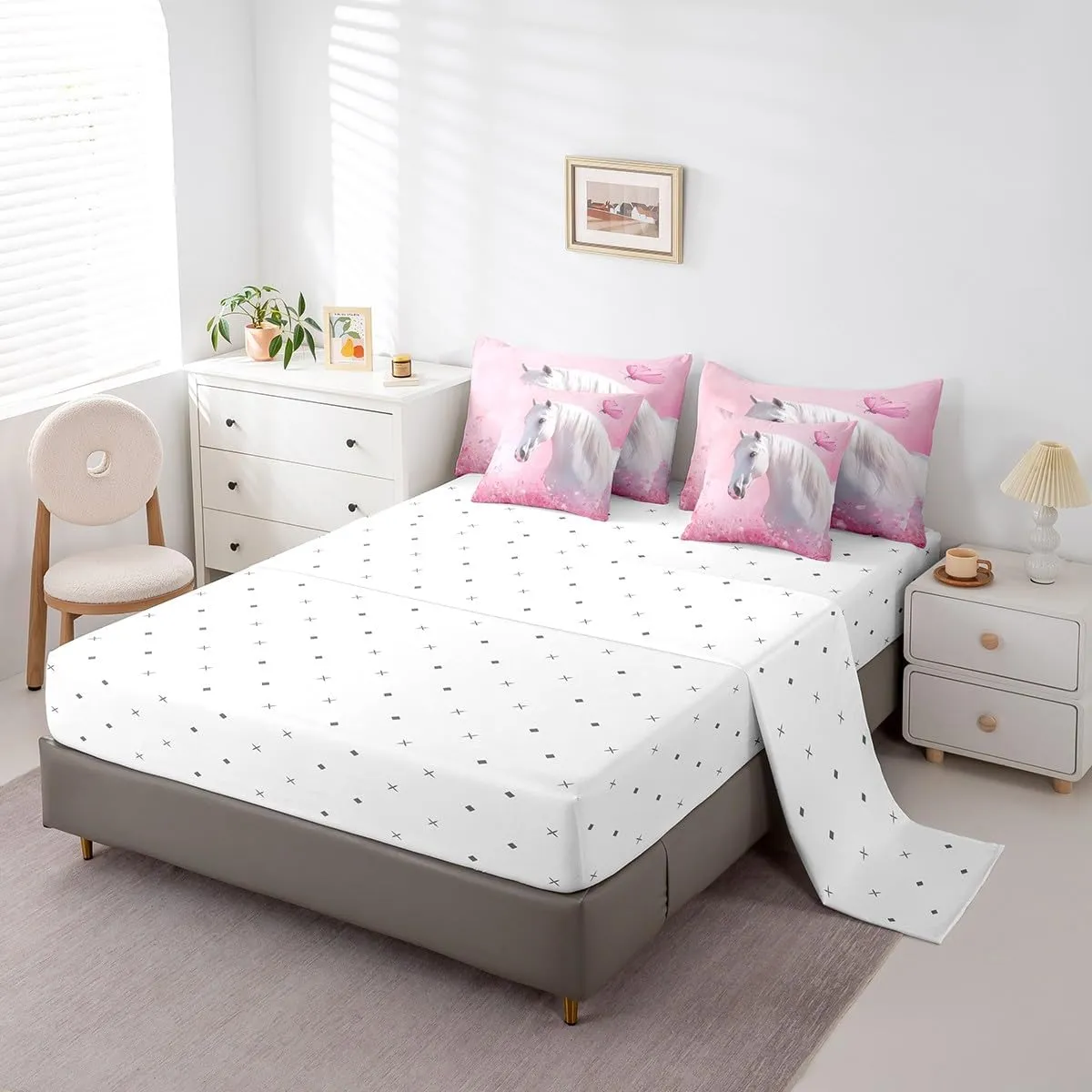 Feelyou Cute Horse Bedding Set Wild Western Cowboy Comforter Set 7 Pieces Kawaii Animal Decor Farmhouse Flower Bed in a Bag Full Size Butterfly Bed Set with Comforter, Sheet Set, Pillowcases