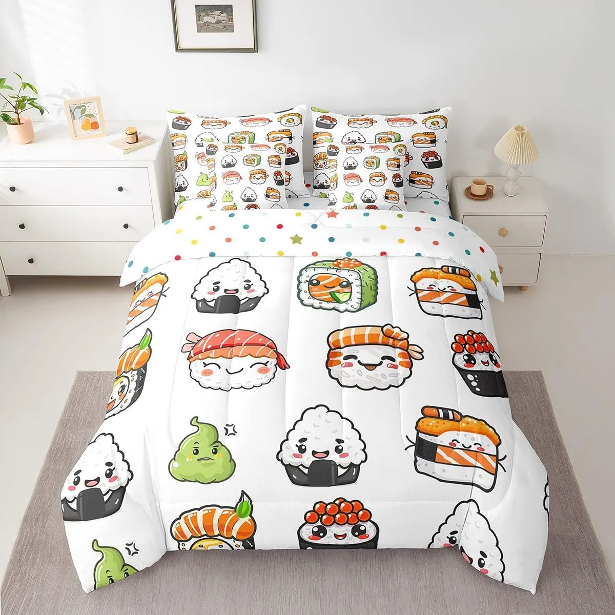 Feelyou Cute Sushi Comforter Set Full Size 7 Pcs Japanese Nigiri Comforter Bed in a Bag Kawaii Japan Mustard Bedding Set for Boys Girls Teens Bed Set with Sheets, Pillowcases, Pillow Covers