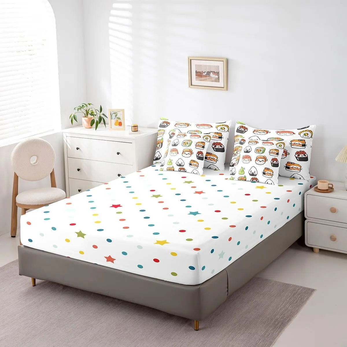 Feelyou Cute Sushi Comforter Set Full Size 7 Pcs Japanese Nigiri Comforter Bed in a Bag Kawaii Japan Mustard Bedding Set for Boys Girls Teens Bed Set with Sheets, Pillowcases, Pillow Covers