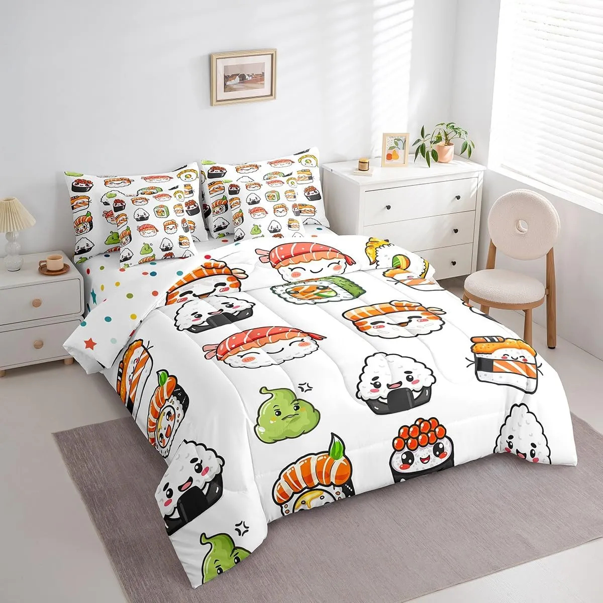 Feelyou Cute Sushi Comforter Set Full Size 7 Pcs Japanese Nigiri Comforter Bed in a Bag Kawaii Japan Mustard Bedding Set for Boys Girls Teens Bed Set with Sheets, Pillowcases, Pillow Covers