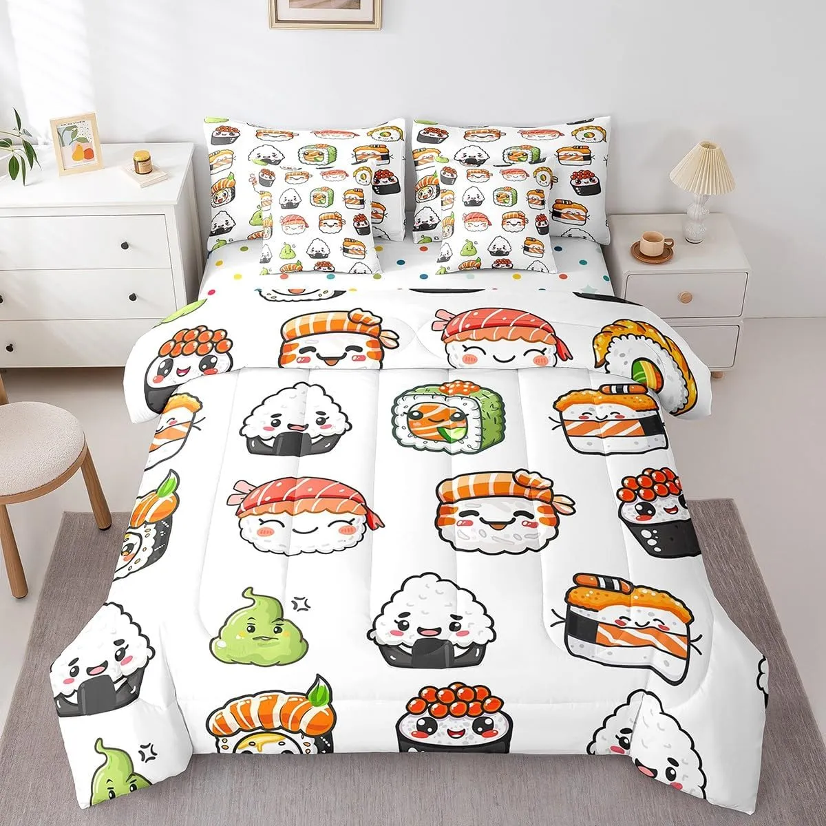 Feelyou Cute Sushi Comforter Set Full Size 7 Pcs Japanese Nigiri Comforter Bed in a Bag Kawaii Japan Mustard Bedding Set for Boys Girls Teens Bed Set with Sheets, Pillowcases, Pillow Covers