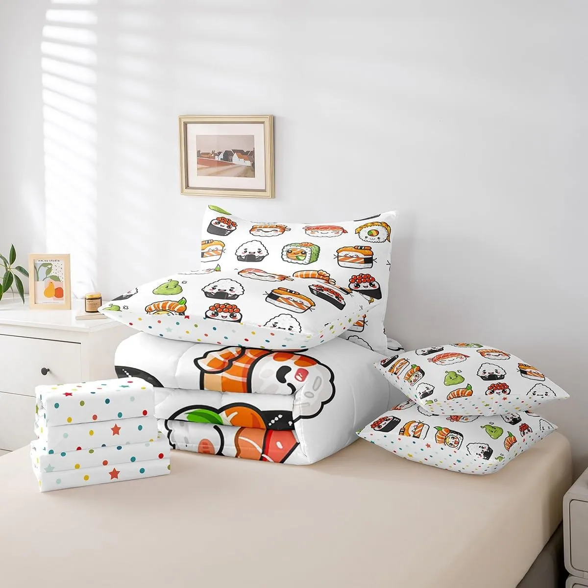 Feelyou Cute Sushi Comforter Set Full Size 7 Pcs Japanese Nigiri Comforter Bed in a Bag Kawaii Japan Mustard Bedding Set for Boys Girls Teens Bed Set with Sheets, Pillowcases, Pillow Covers