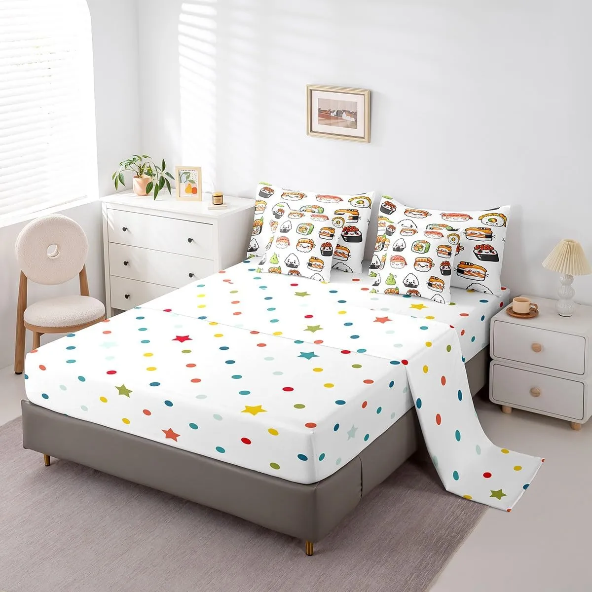 Feelyou Cute Sushi Comforter Set Full Size 7 Pcs Japanese Nigiri Comforter Bed in a Bag Kawaii Japan Mustard Bedding Set for Boys Girls Teens Bed Set with Sheets, Pillowcases, Pillow Covers