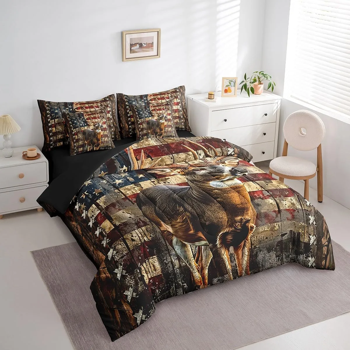 Feelyou Deer Hunting Comforter Set with Sheets American Flag 7 Piece Bedding Set Queen Size for Kids Boys Girls Wild Animal Deer Bed in a Bag Soft Down Bedding Comforters