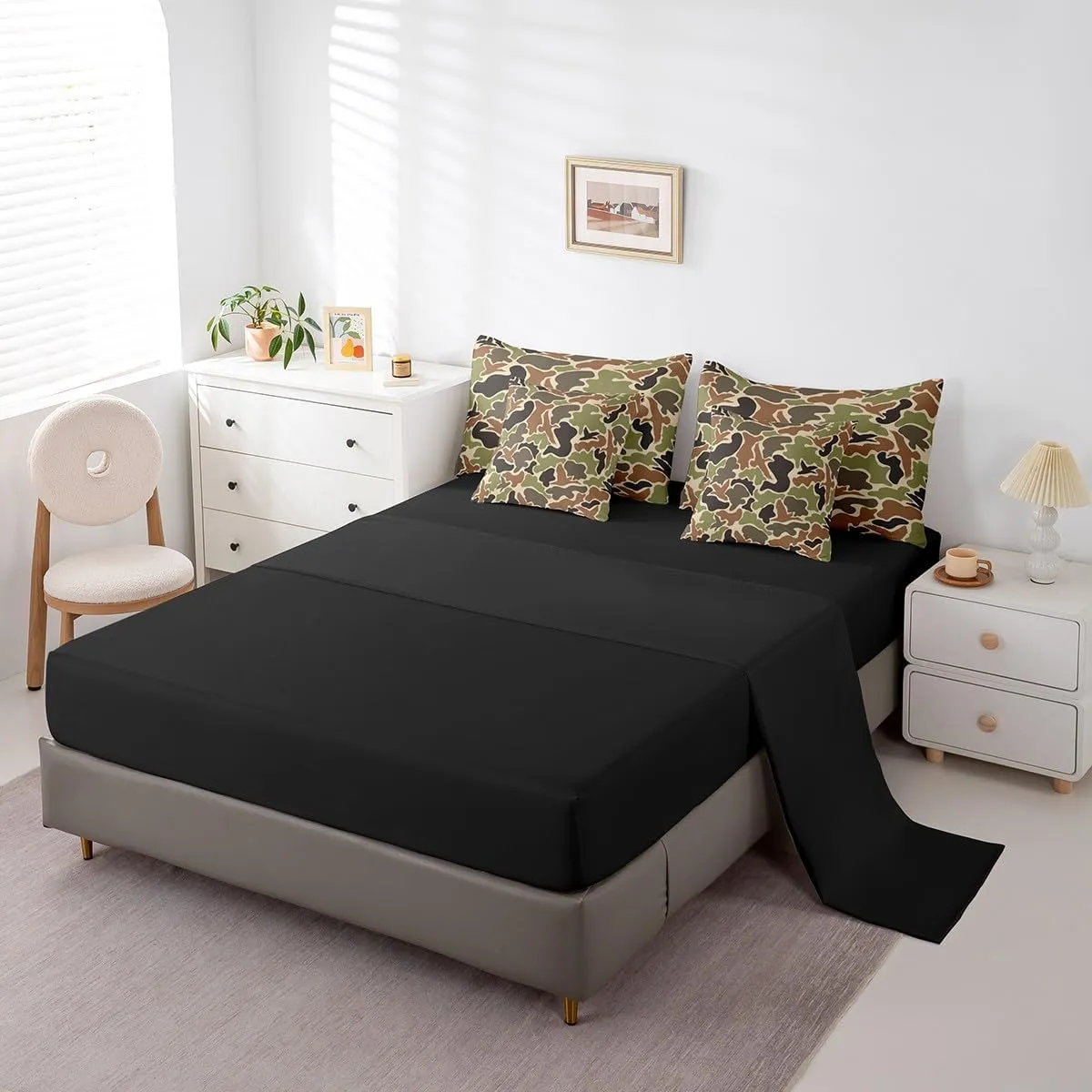 Feelyou Duck Hunter Green Camouflage Hunting 7 Pieces Bedding Set, Full Size Black Brown All Season,Bed in a Bag with Comforter, Sheets, Pillowcases Camo Army Bed Set Breathable Wild Room Decor
