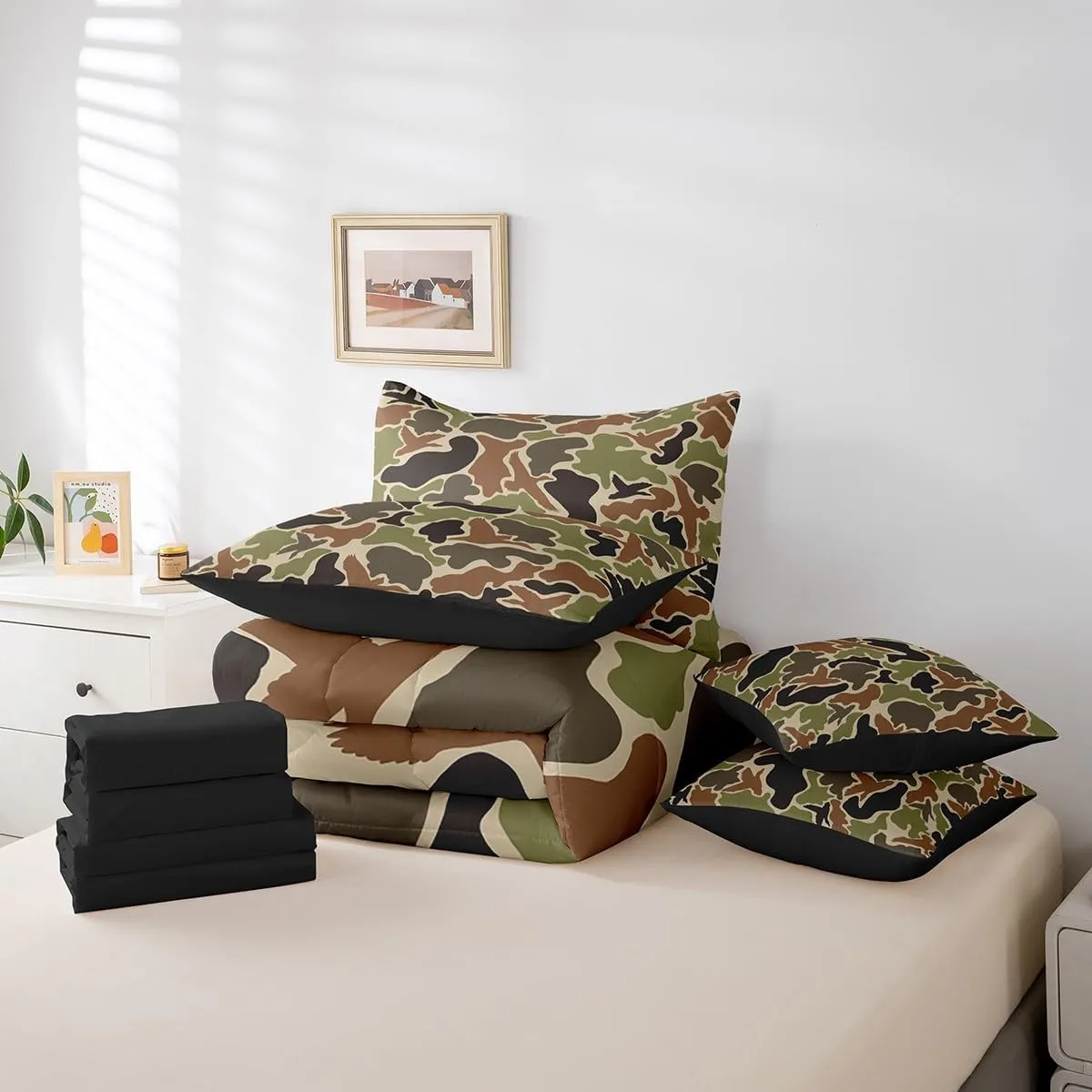 Feelyou Duck Hunter Green Camouflage Hunting 7 Pieces Bedding Set, Full Size Black Brown All Season,Bed in a Bag with Comforter, Sheets, Pillowcases Camo Army Bed Set Breathable Wild Room Decor