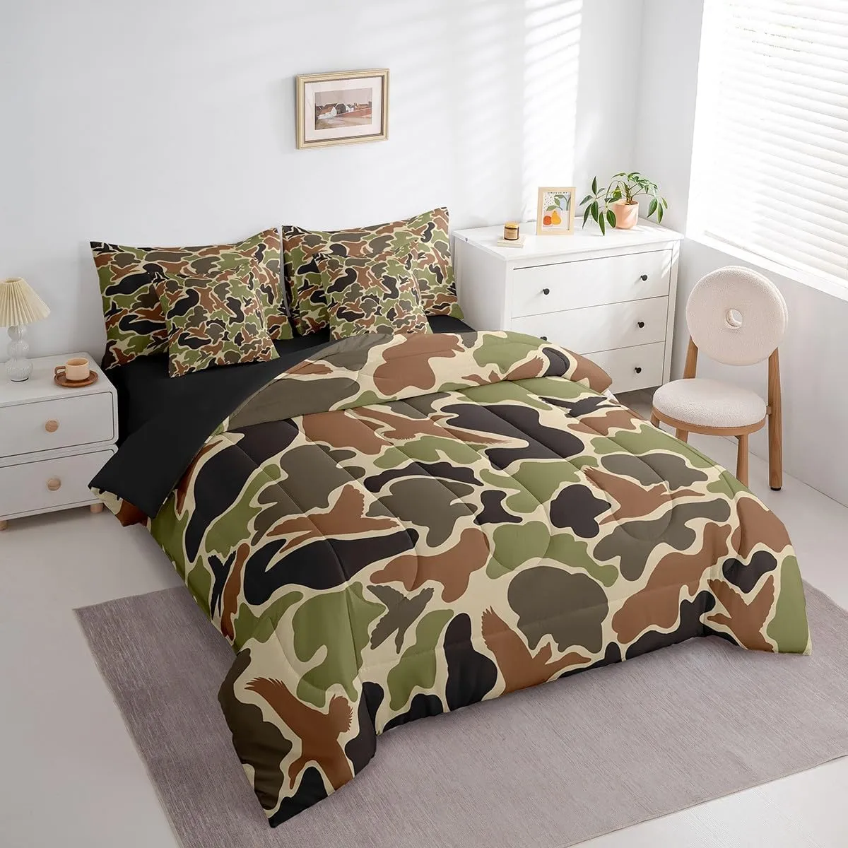 Feelyou Duck Hunter Green Camouflage Hunting 7 Pieces Bedding Set, Full Size Black Brown All Season,Bed in a Bag with Comforter, Sheets, Pillowcases Camo Army Bed Set Breathable Wild Room Decor