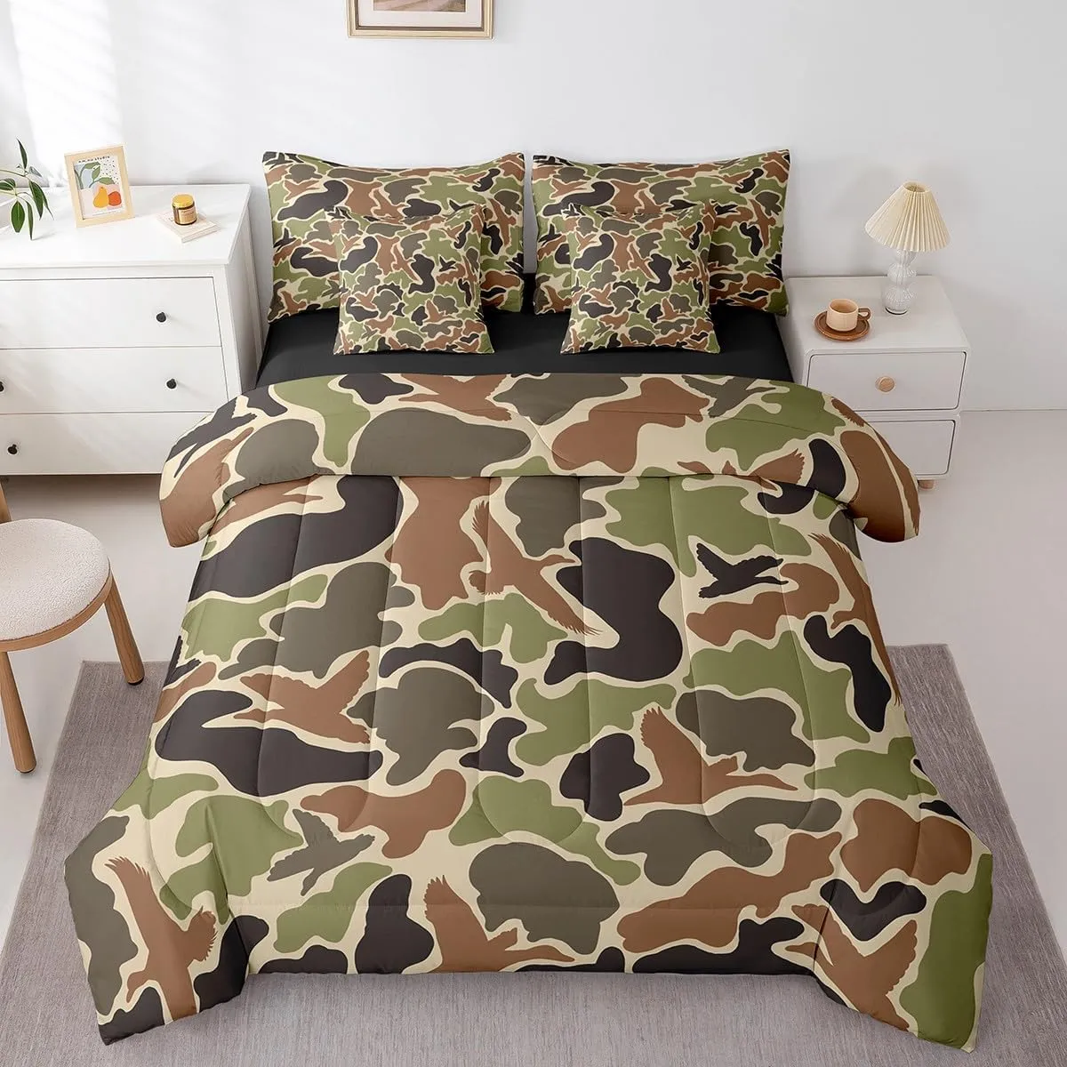 Feelyou Duck Hunter Green Camouflage Hunting 7 Pieces Bedding Set, Full Size Black Brown All Season,Bed in a Bag with Comforter, Sheets, Pillowcases Camo Army Bed Set Breathable Wild Room Decor