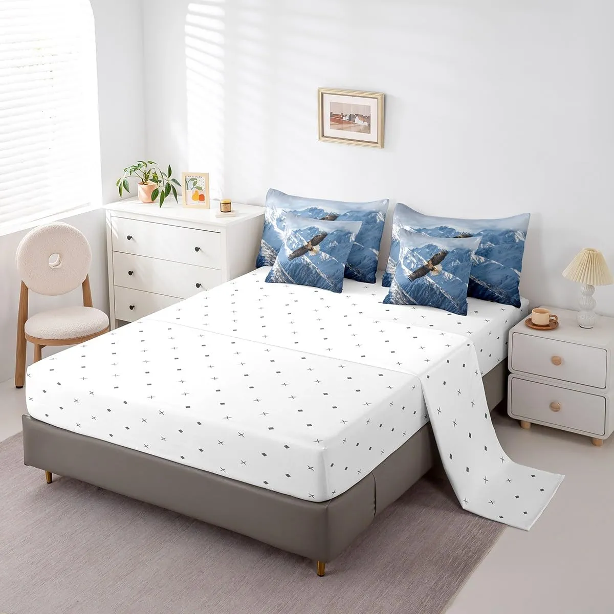 Feelyou Eagle Comforter Set with Sheets Twin Size Snow Mountain Bed in a Bag for Boys Girls Teens Flying Eagle 7 Pieces Bedding Set Sky Blue Bed Set Room Decor