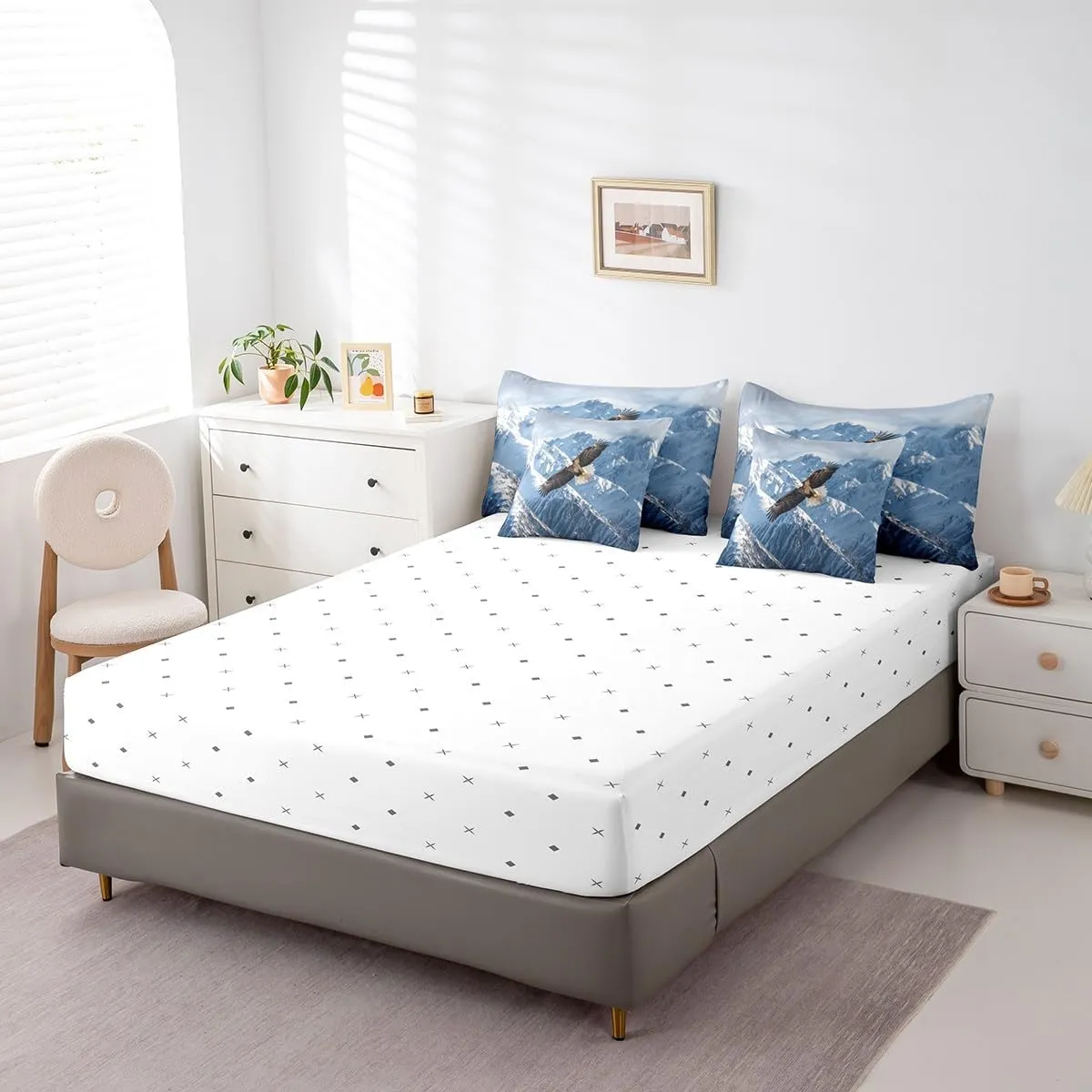 Feelyou Eagle Comforter Set with Sheets Twin Size Snow Mountain Bed in a Bag for Boys Girls Teens Flying Eagle 7 Pieces Bedding Set Sky Blue Bed Set Room Decor