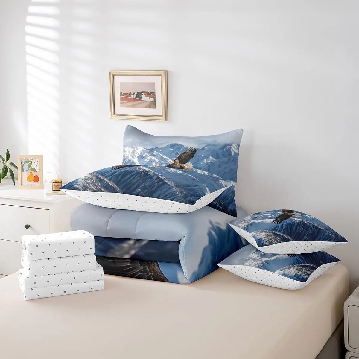 Feelyou Eagle Comforter Set with Sheets Twin Size Snow Mountain Bed in a Bag for Boys Girls Teens Flying Eagle 7 Pieces Bedding Set Sky Blue Bed Set Room Decor