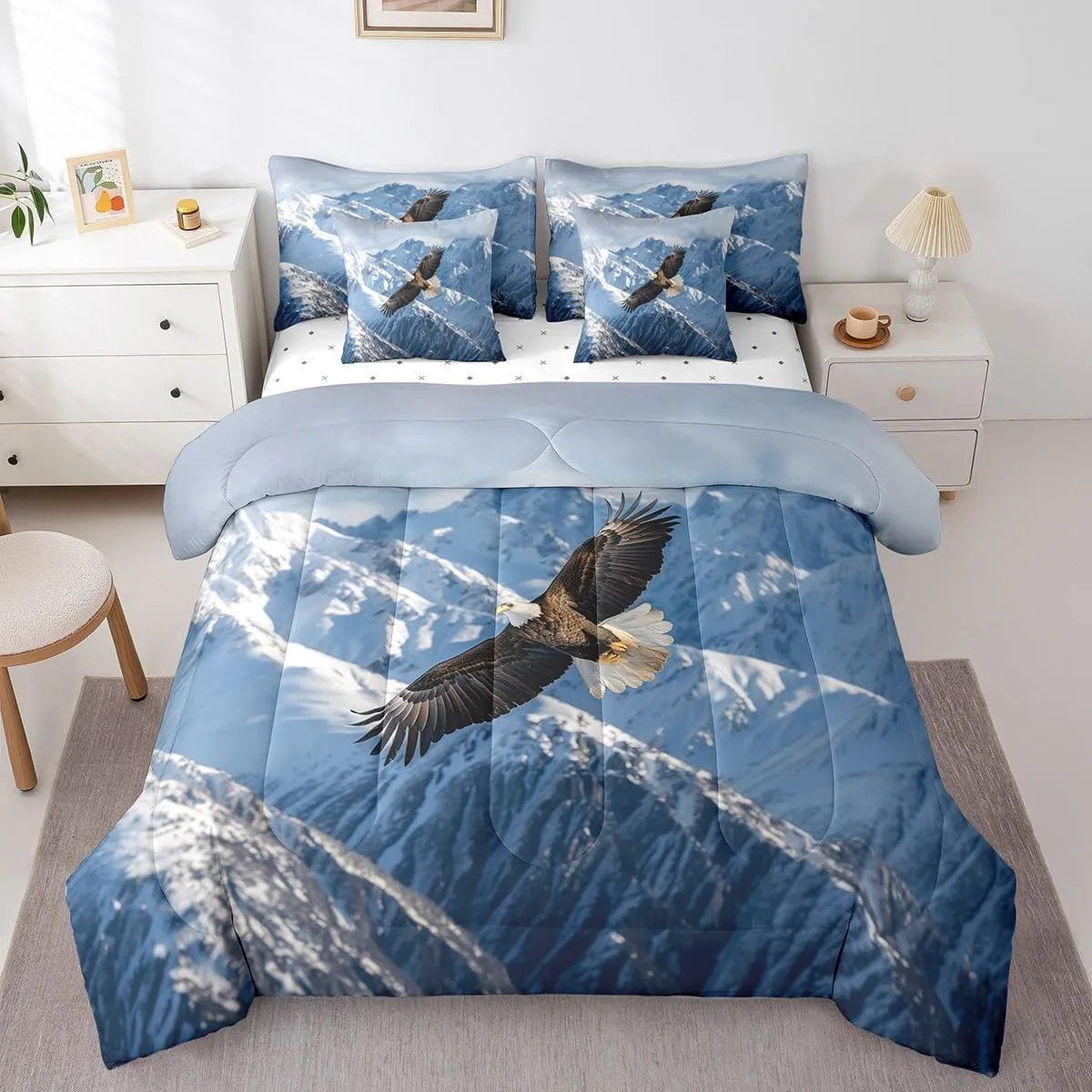 Feelyou Eagle Comforter Set with Sheets Twin Size Snow Mountain Bed in a Bag for Boys Girls Teens Flying Eagle 7 Pieces Bedding Set Sky Blue Bed Set Room Decor