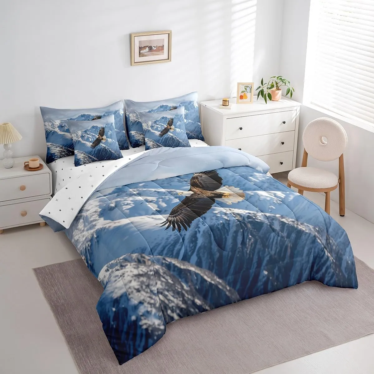Feelyou Eagle Comforter Set with Sheets Twin Size Snow Mountain Bed in a Bag for Boys Girls Teens Flying Eagle 7 Pieces Bedding Set Sky Blue Bed Set Room Decor