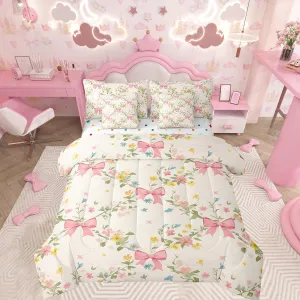 Feelyou Floral Bowknot Comforter Set with Sheets,Pink Bow Tie Print 7 Piece Bedding Set Queen Size,Girls Bedroom Room Decor,Cute Bow Flower Bed in a Bag,Dreamy Princess Style Bed Set
