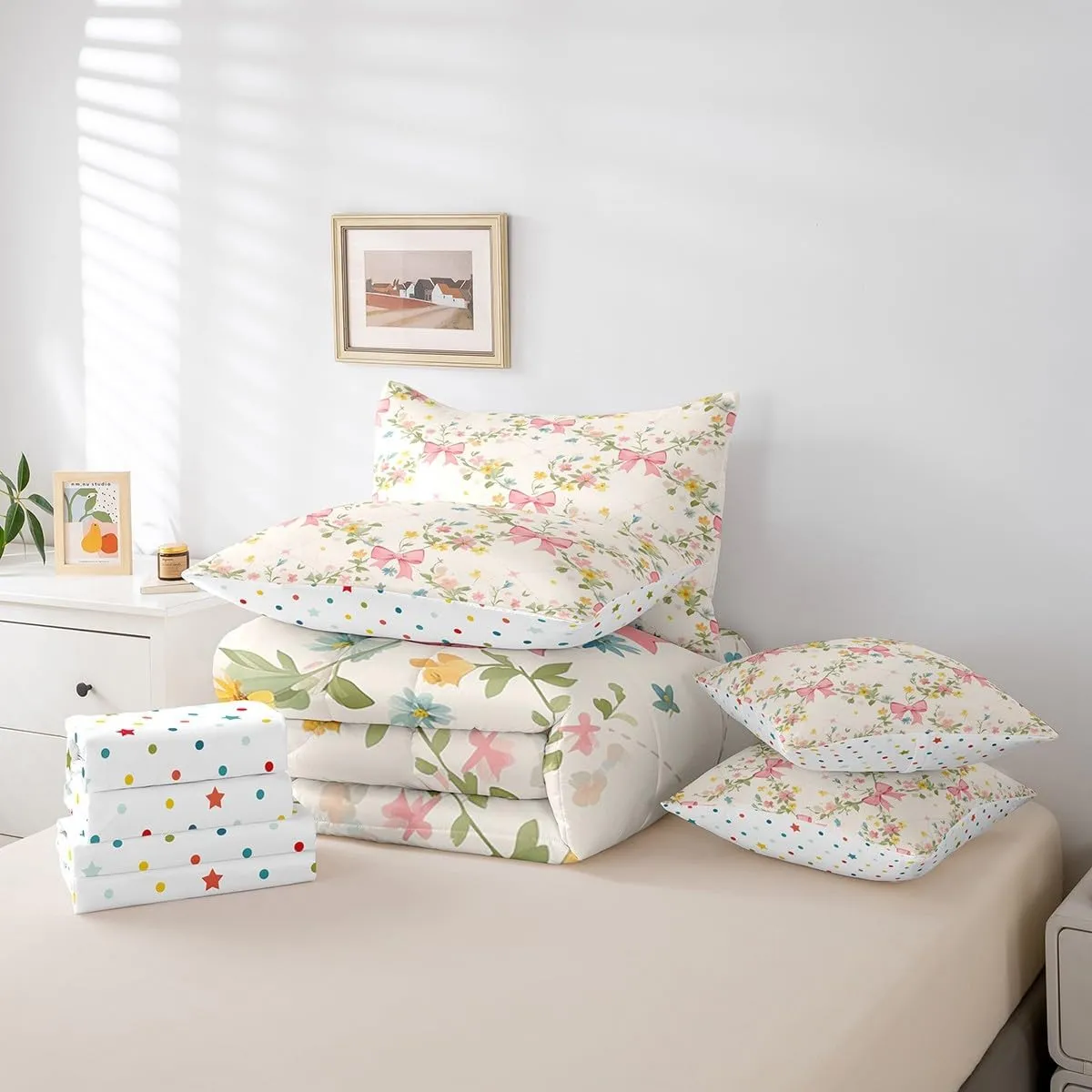 Feelyou Floral Bowknot Comforter Set with Sheets,Pink Bow Tie Print 7 Piece Bedding Set Queen Size,Girls Bedroom Room Decor,Cute Bow Flower Bed in a Bag,Dreamy Princess Style Bed Set