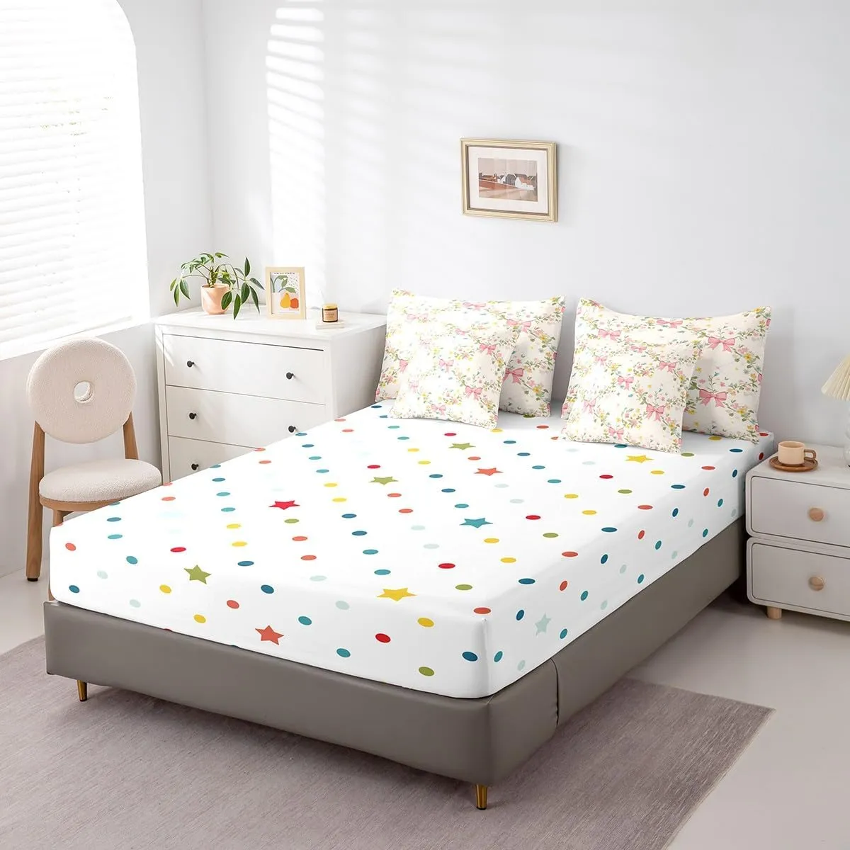Feelyou Floral Bowknot Comforter Set with Sheets,Pink Bow Tie Print 7 Piece Bedding Set Queen Size,Girls Bedroom Room Decor,Cute Bow Flower Bed in a Bag,Dreamy Princess Style Bed Set