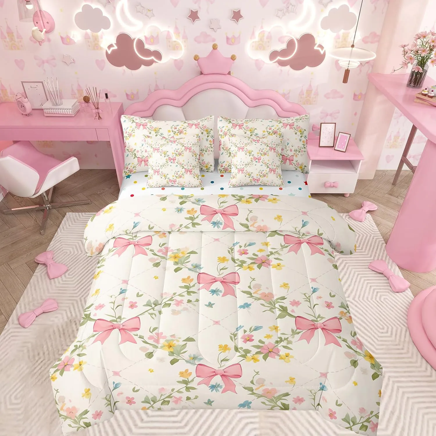 Feelyou Floral Bowknot Comforter Set with Sheets,Pink Bow Tie Print 7 Piece Bedding Set Queen Size,Girls Bedroom Room Decor,Cute Bow Flower Bed in a Bag,Dreamy Princess Style Bed Set