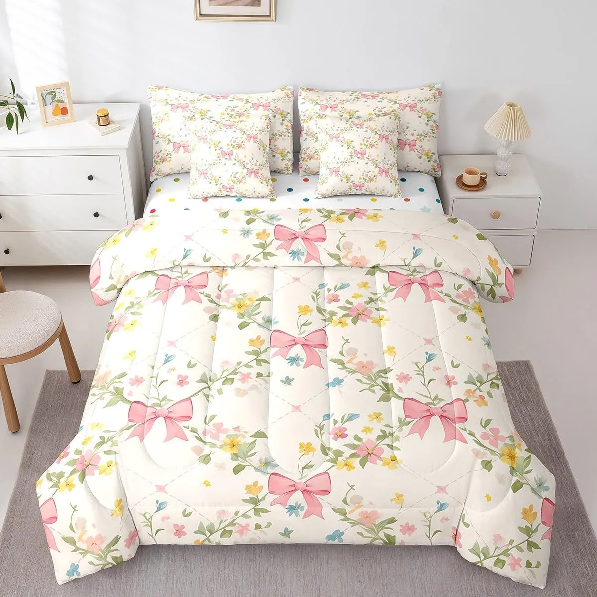 Feelyou Floral Bowknot Comforter Set with Sheets,Pink Bow Tie Print 7 Piece Bedding Set Queen Size,Girls Bedroom Room Decor,Cute Bow Flower Bed in a Bag,Dreamy Princess Style Bed Set