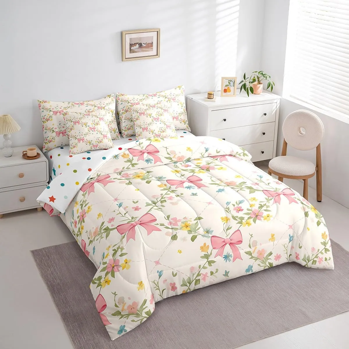 Feelyou Floral Bowknot Comforter Set with Sheets,Pink Bow Tie Print 7 Piece Bedding Set Queen Size,Girls Bedroom Room Decor,Cute Bow Flower Bed in a Bag,Dreamy Princess Style Bed Set