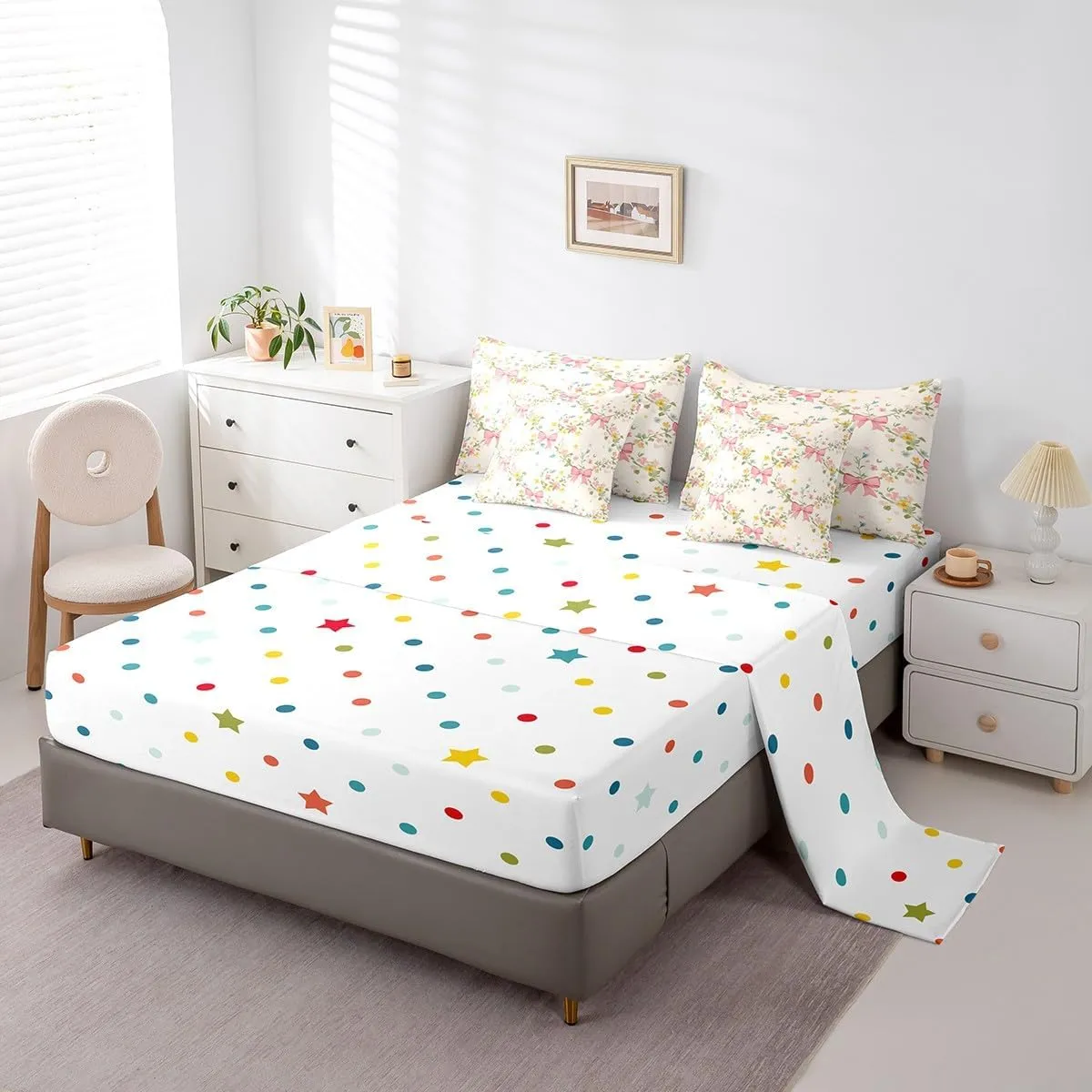 Feelyou Floral Bowknot Comforter Set with Sheets,Pink Bow Tie Print 7 Piece Bedding Set Queen Size,Girls Bedroom Room Decor,Cute Bow Flower Bed in a Bag,Dreamy Princess Style Bed Set